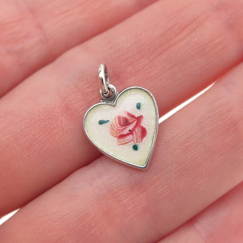 925 Sterling Silver Antique Art Deco Enamel Rose Chatelaine Heart Mini Pendant